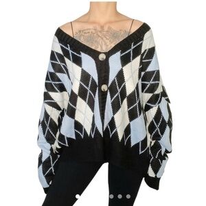 Just Polly New York Blue White Argyle Slouchy Cardigan